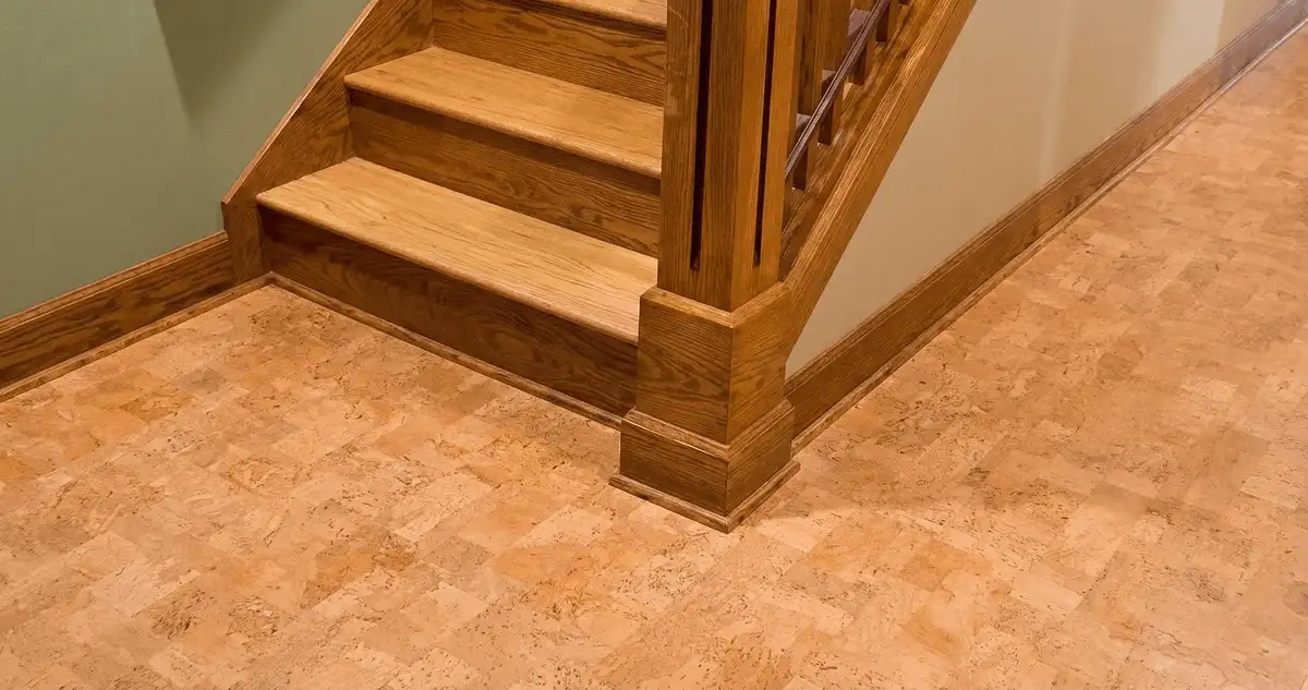 End of a staircase with cork flooring in Kansas City, MO