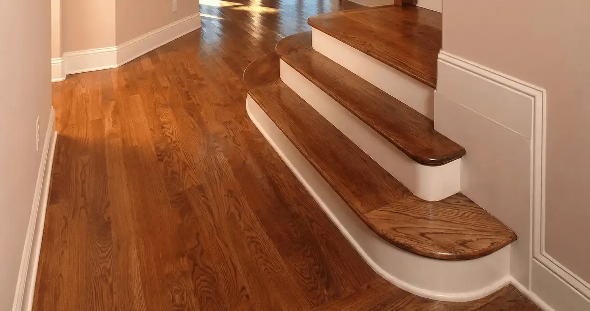 Base floor of a staircase with professionally restored wood flooring in Kansas City MO