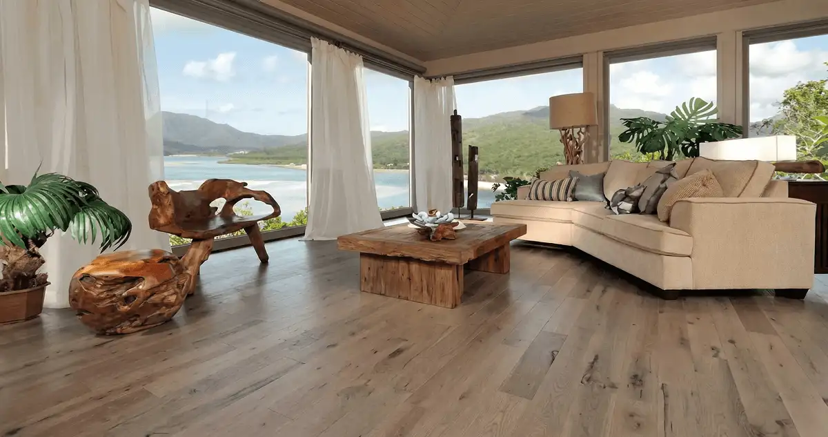 Professionally installed vinyl flooring in a modern living room with large windows in Kansas City, MO